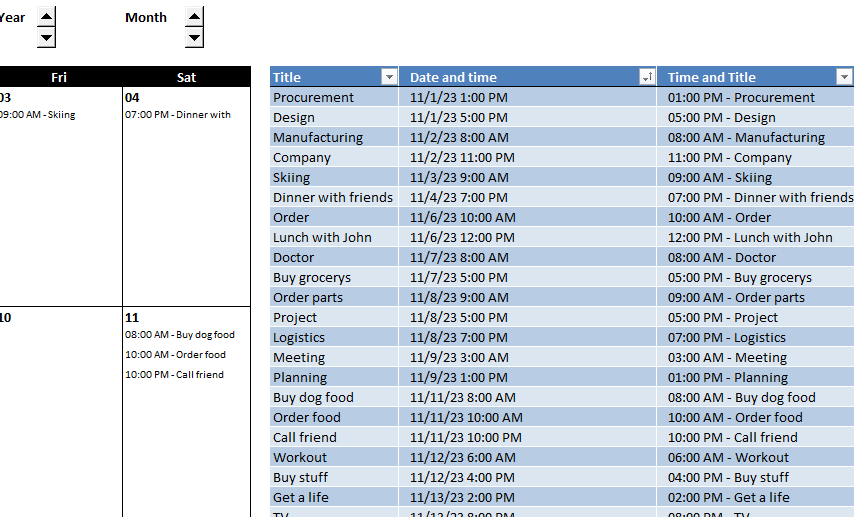 Calendar monthly view Excel Table