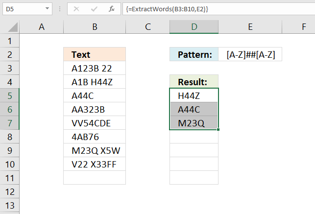 Extract words from cell range if regex pattern matches UDF