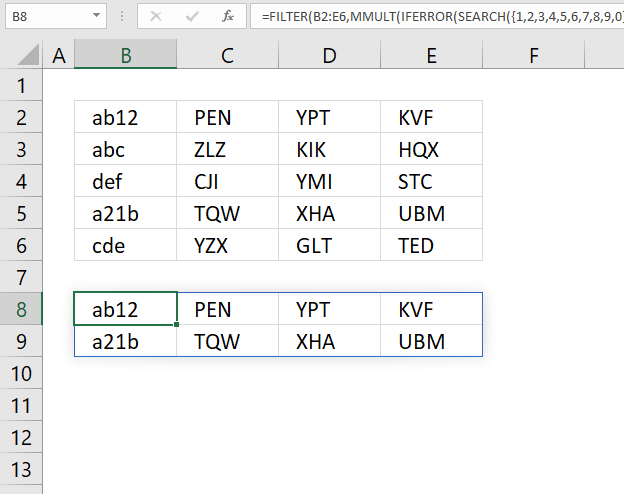 How to extract rows containing digits Excel 365 formula