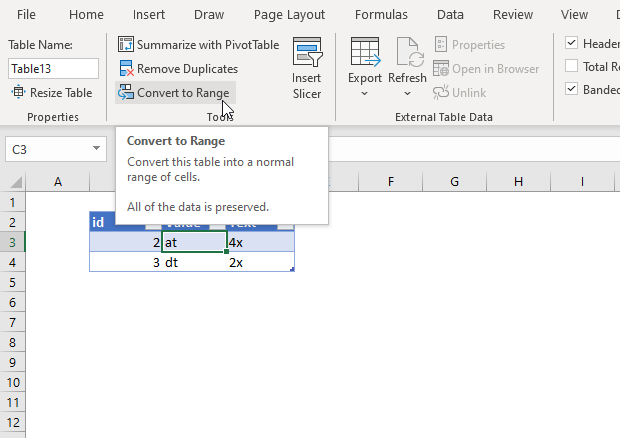 Convert Excel Table to normal range