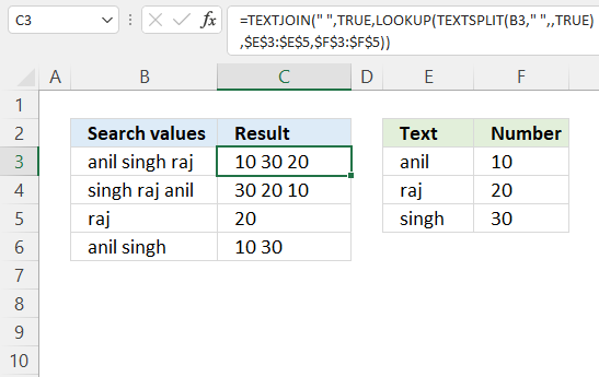 Lookup each substring in a value and join the result Excel 365