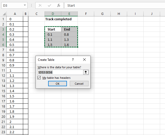 Track progress create Excel Table