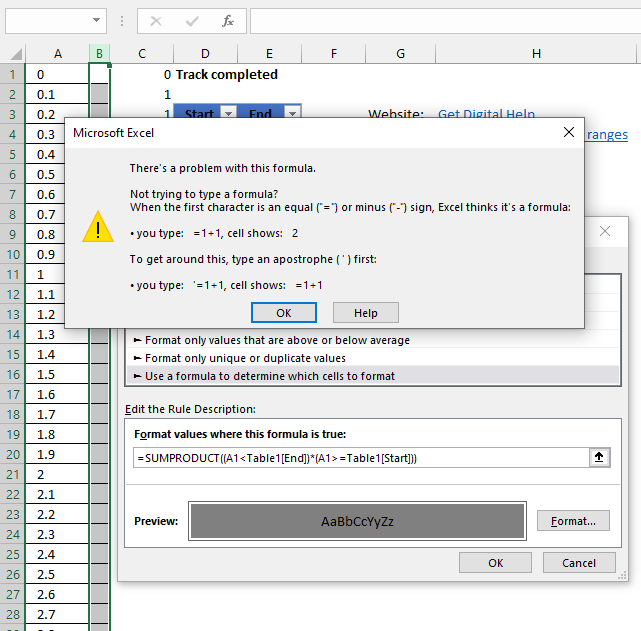 Track progress reference an Excel Table in CF