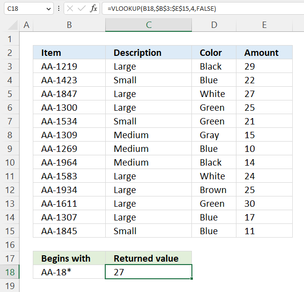 VLOOKUP function partial match begins with wildcard characters