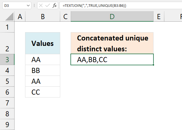 Concatenate unique distinct values Excel 365