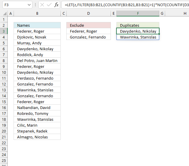Extract duplicate values with exceptions Excel 365
