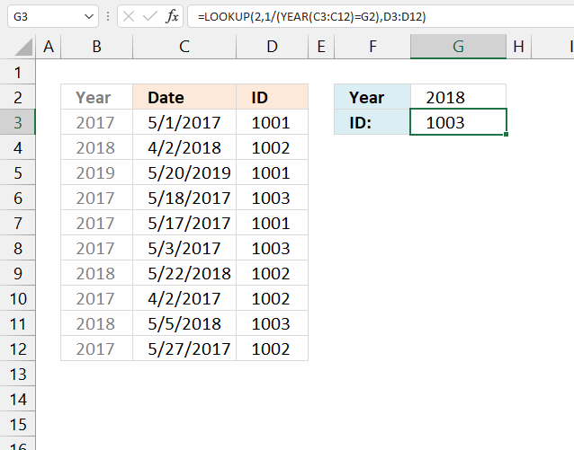 Find the last matching value in an unsorted table year