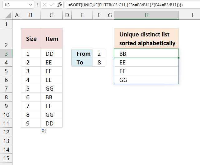 Unique distinct list sorted alphabetically based on a range Excel 365
