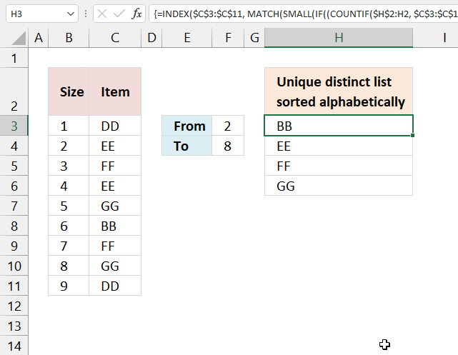 Unique distinct list sorted alphabetically based on a range earlier versions