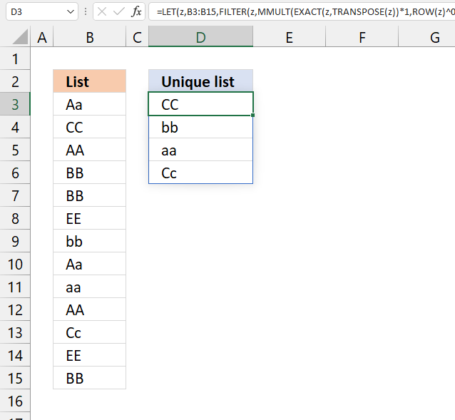 Extract a case sensitive unique list from a column Excel 365