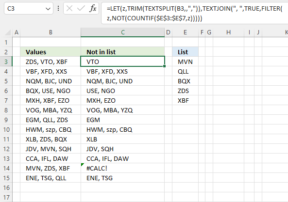 Display values not in cell from a list