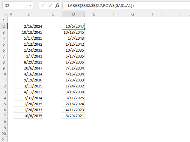 Excel Date function sort dates using formulas