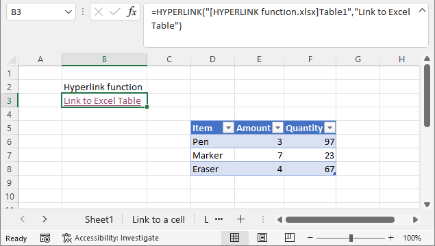 HYPERLINK function link to Excel Table