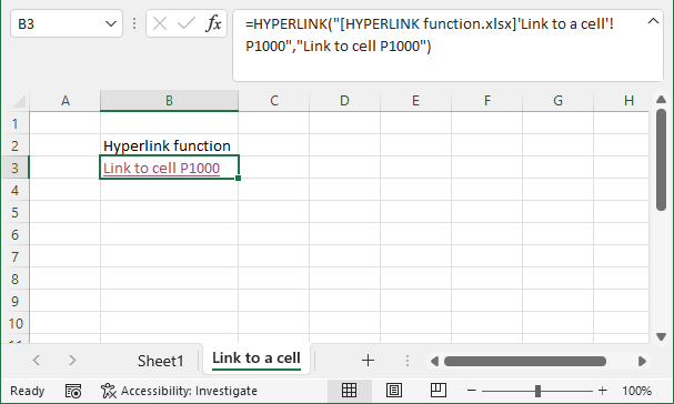 HYPERLINK function link to cell