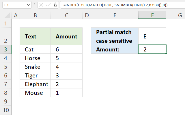 INDEX MATCH partial match case sensitive