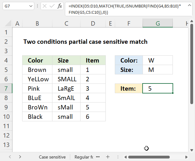 INDEX MATCH two conditions partial case sensitive match