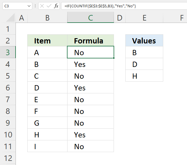 If cell equals value from list 1