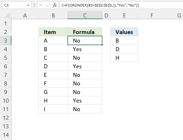 If cell equals value from list array formula
