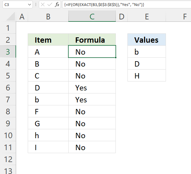 If cell equals value from list case sensitive