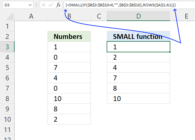 SMALL function ignore zeros array formula