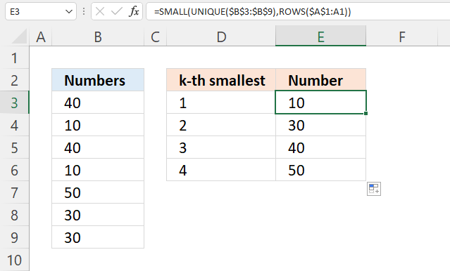 SMALL function ignoring duplicates excel 365