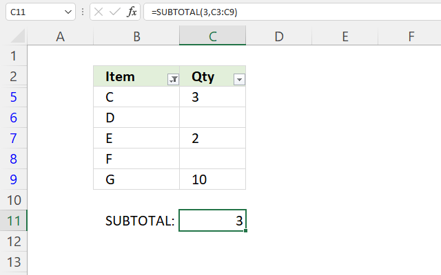 SUBTOTAL function count not empty cells based on filtered values