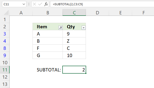 SUBTOTAL function count numbers based on filtered values