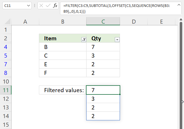 SUBTOTAL function extract filtered values