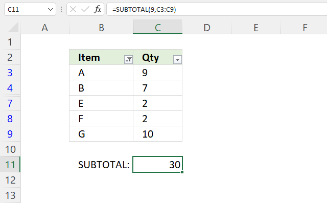 SUBTOTAL function sum filtered values