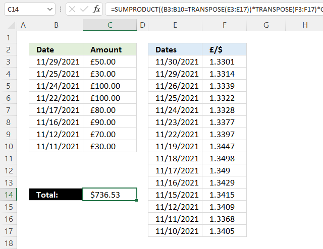 SUMPRODUCT currency conversion