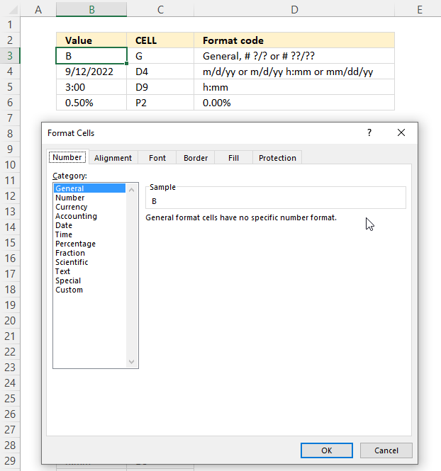 CELL function format cells dialog box