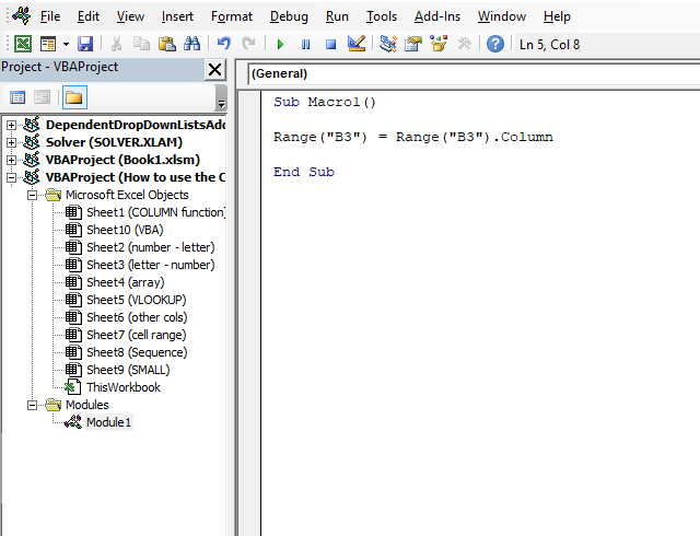 COLUMN function VBA