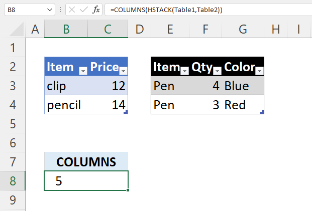 <span class='notranslate'>COLUMNS</span> function multiple Excel Tables