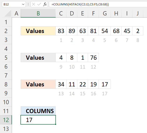 COLUMNS function multiple cell ranges