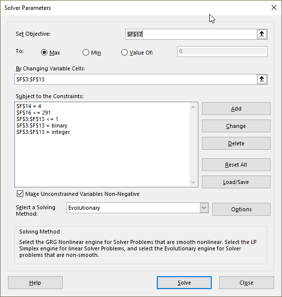 COMBIN function Solver parameters