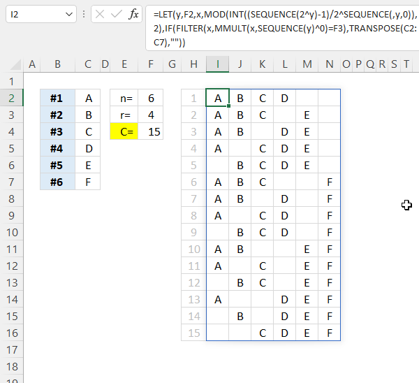 COMBIN function list combinations