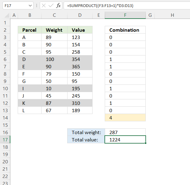 COMBIN function solver combinations