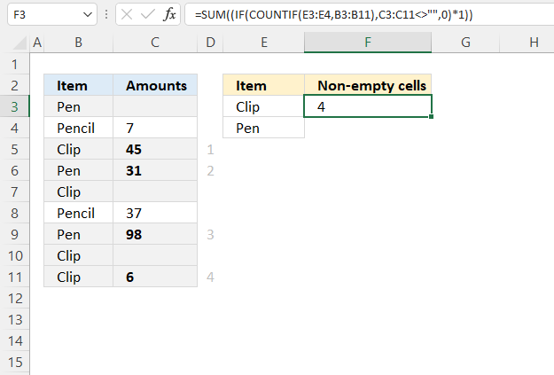 COUNTA function based on a list