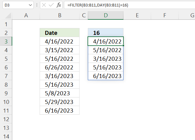 DAY function filter dates