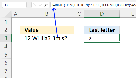 Extract last letter in a cell value array formula1