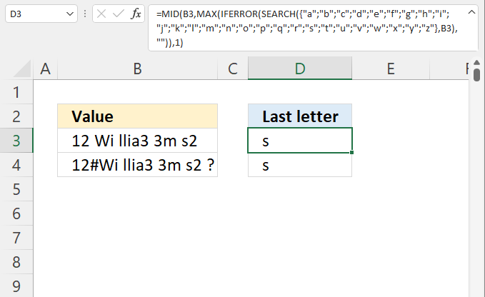 Extract last letter in a cell value array formula2