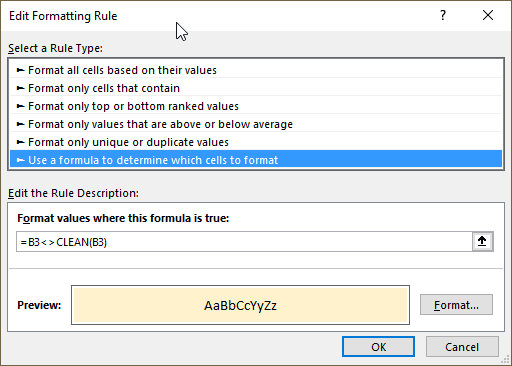 Highlight cells containing nonprintable characters setup