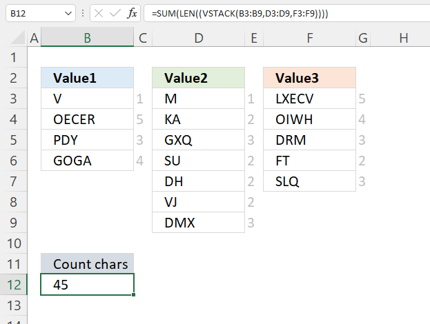 LEN function count characters in multiple cell ranges 2