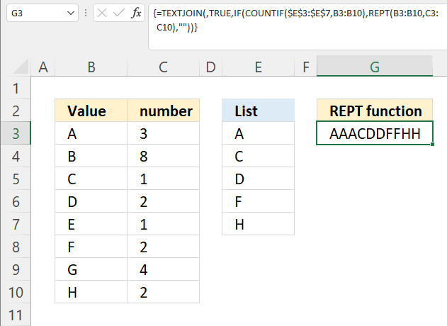 REPT function based on list and concatneated