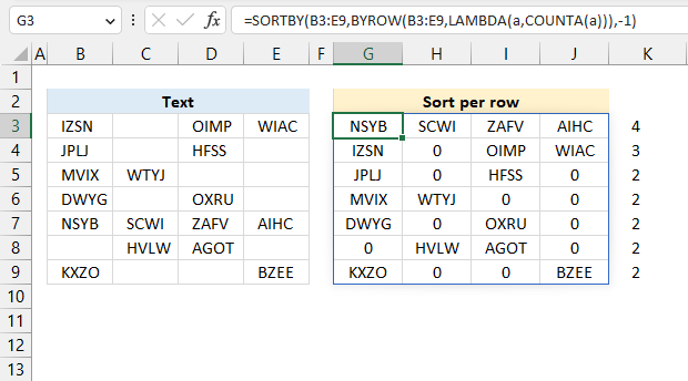 Sort rows based on the number of nonempty cells on each row 1