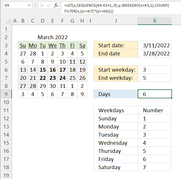 WEEKDAY Function given weekdays between two dates