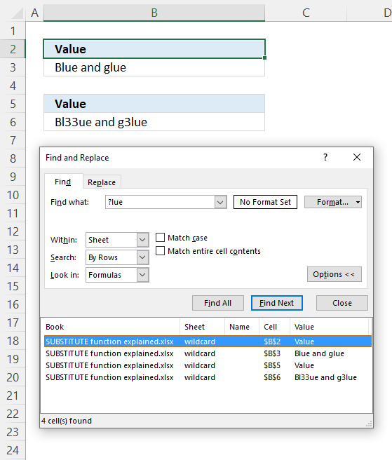 substitute function find and replace