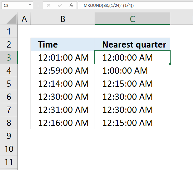 MROUND function nearest quarter of an hour