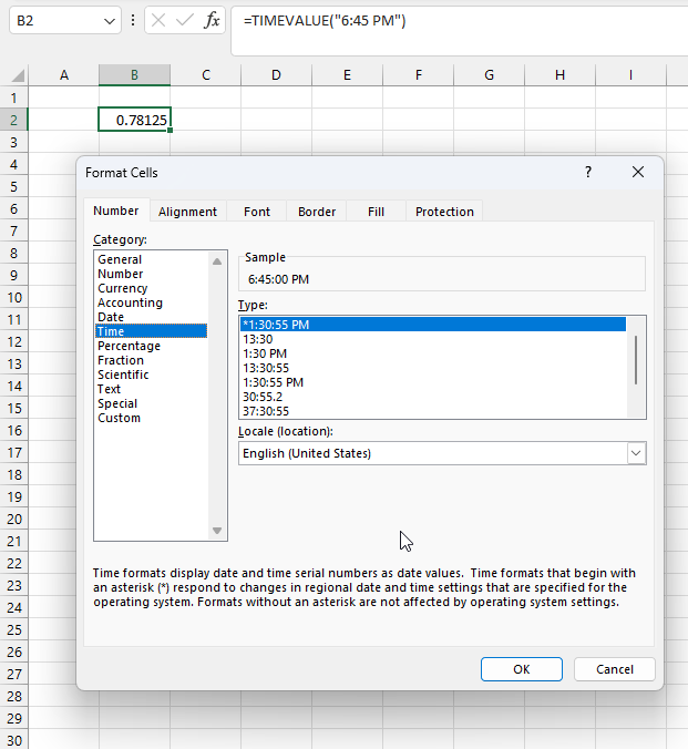 show the decimal value as an Excel time value