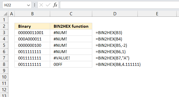 BIN2HEX function errors